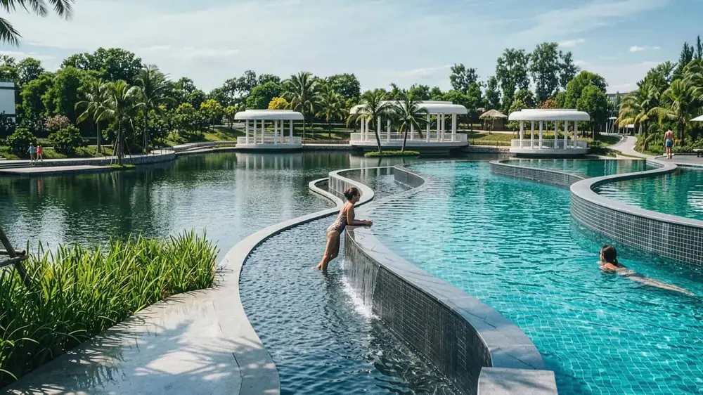 Hồ bơi nổi trên hồ 3.300 m² tại Thanh Phú Centre Point, lối đi giữa mặt nước và cabana trắng