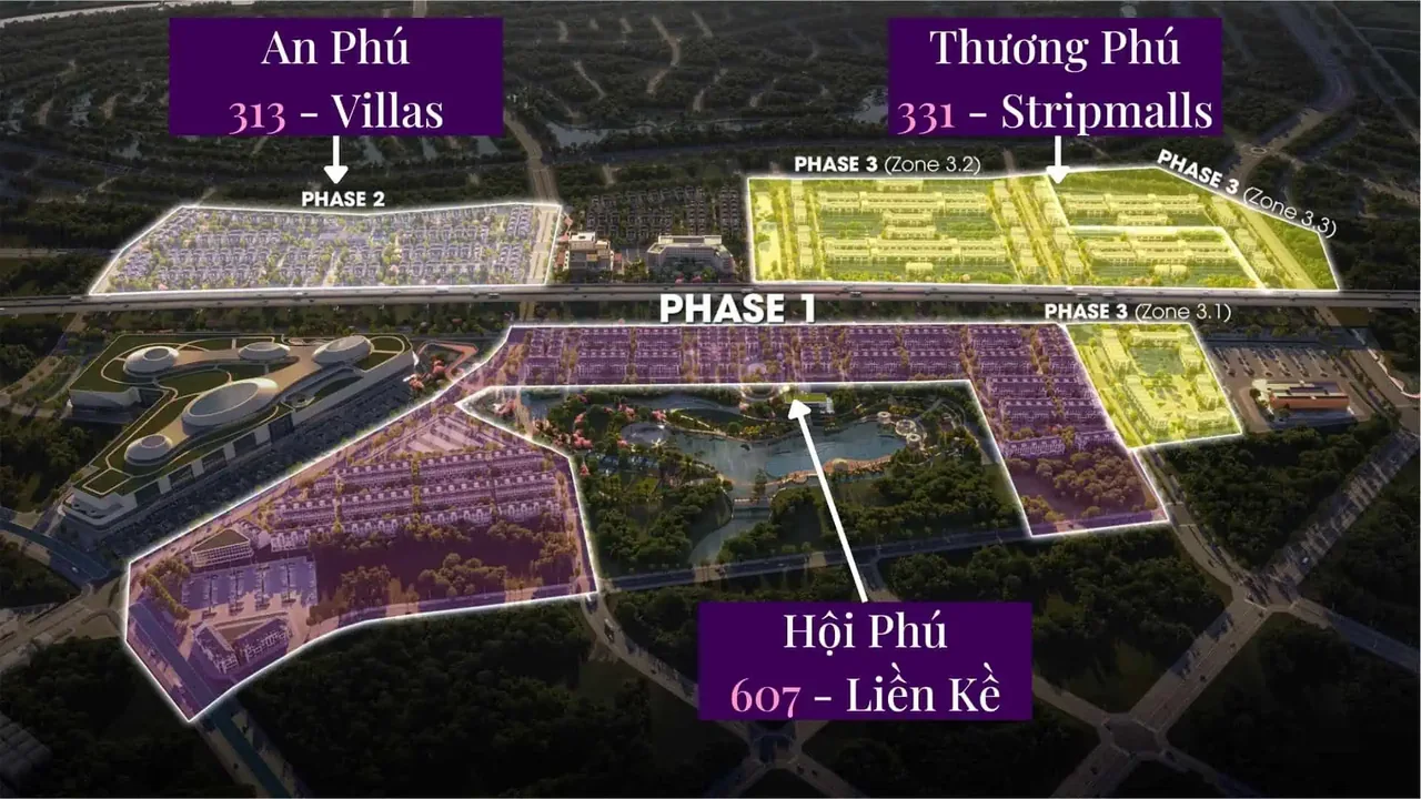 Mặt bằng giai đoạn 1 Miền Thương Phú: phân khu Hội Phú 607 căn liền kề, Thương Phú 331 strip mall, An Phú 313 biệt thự