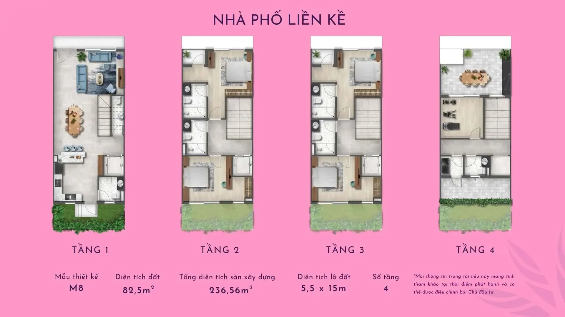 Mặt bằng 4 tầng nhà phố liền kề mẫu M8 Thanh Phú Centre Point: đất 82,5 m², sàn 236,56 m²