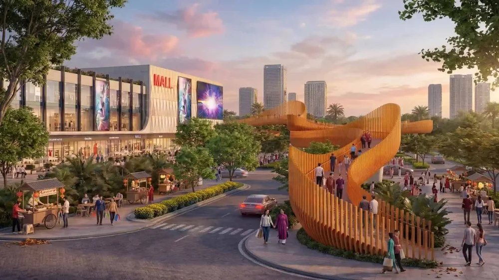 Phối cảnh Mega Mall và Cầu Rồng uốn lượn tại cổng chính Thanh Phú Centre Point lúc hoàng hôn