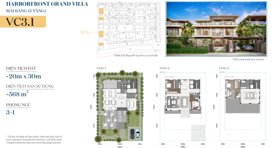 Mẫu Harborfront Grand Villa VC3.1 The Aqua: đất ~20 x 30 m, sàn ~568 m², 3+1 phòng ngủ, 3 tầng mái bằng