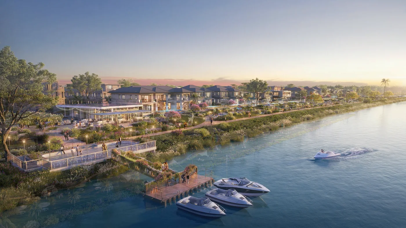Bến thuyền và khu thư giãn ven sông của The Aqua lúc hoàng hôn, khung hình từ phim giới thiệu