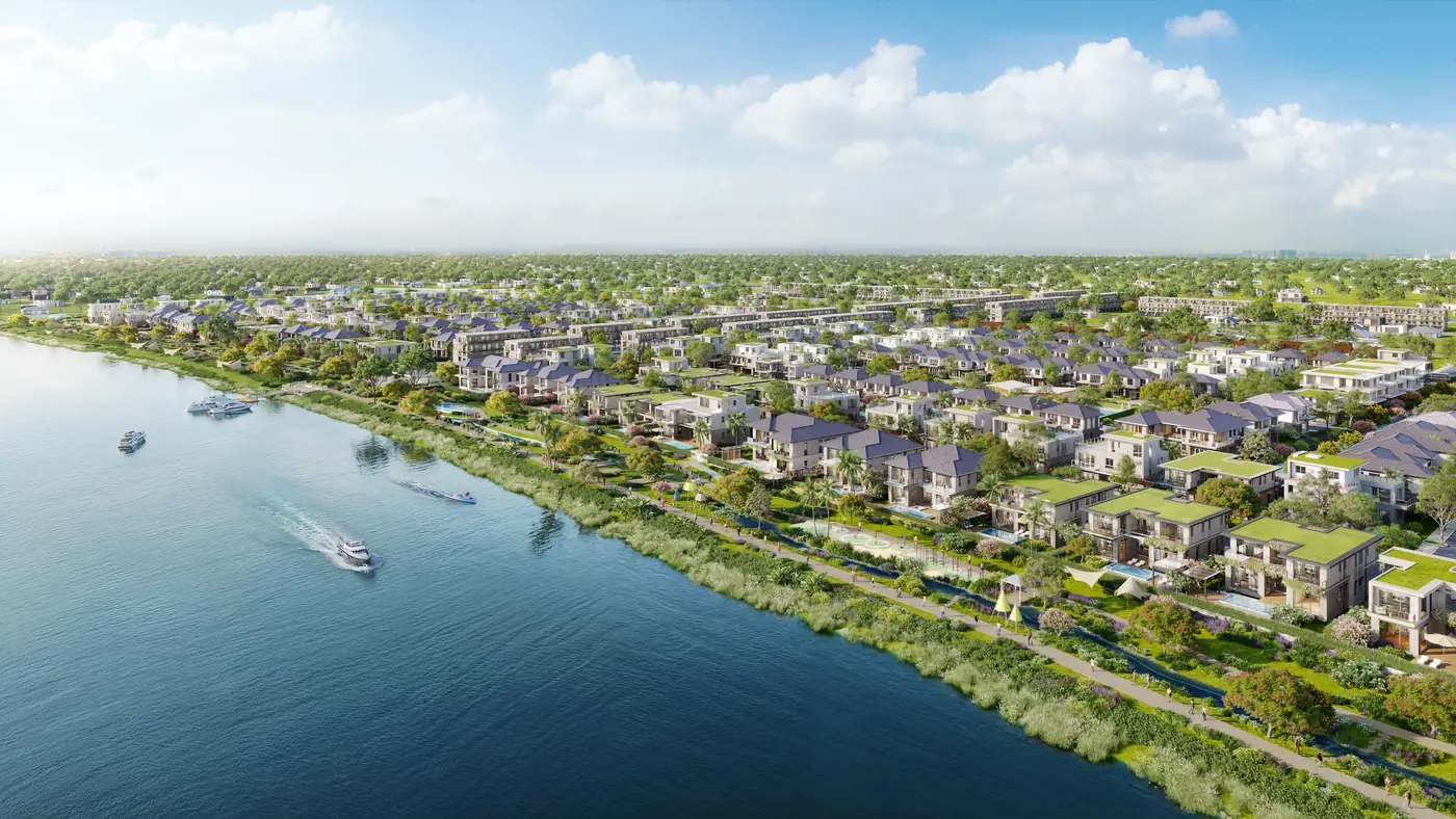 Toàn cảnh compound The Aqua dọc sông Vàm Cỏ Đông với lối dạo ven sông, hồ bơi riêng và du thuyền, Waterpoint
