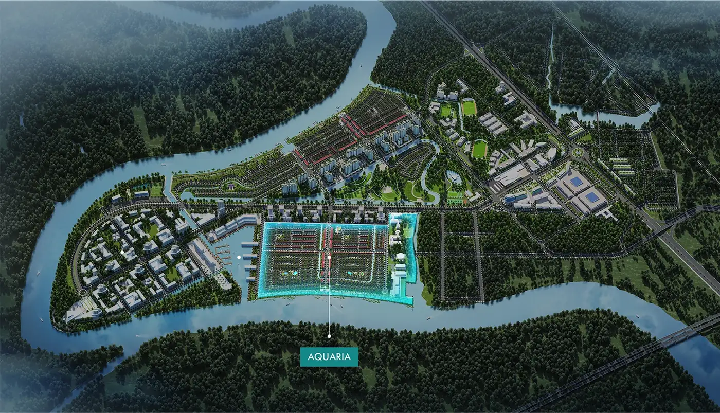 Vị trí phân khu Aquaria (chứa The Aqua) bên Vịnh Cảng, giữa khúc sông Vàm Cỏ Đông ôm quanh khu đô thị Waterpoint