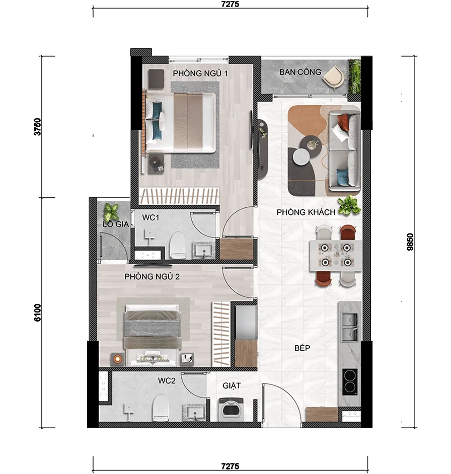 Layout căn 2 phòng ngủ 2 WC The Aspira mẫu B3: tim tường 67,66 m², thông thủy 61,15 m²
