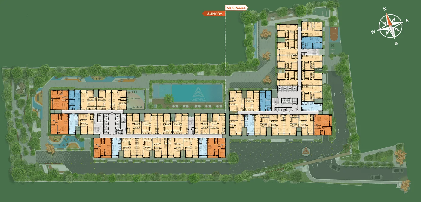 Mặt bằng tầng điển hình 4–30 The Aspira: 2 tháp Sunara và Moonara, 23 căn mỗi tháp mỗi tầng