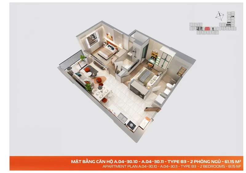 Phối cảnh 3D căn 2 phòng ngủ The Aspira mẫu B3 với 2 WC, bếp và ban công