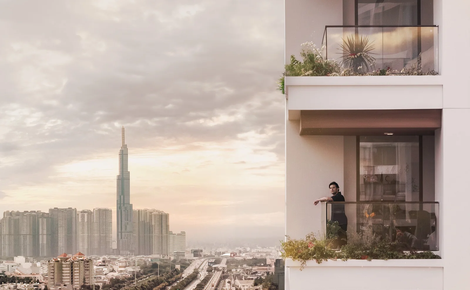Ban công The Berkley nhìn về Landmark 81 lúc hoàng hôn (ảnh minh họa)