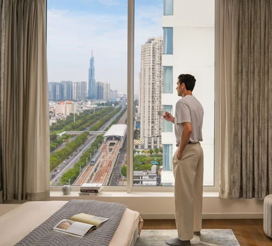 Phòng ngủ căn hộ The Berkley nhìn ra tuyến metro số 1 và Landmark 81 (ảnh minh họa)