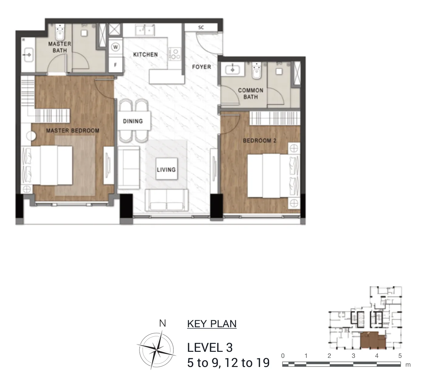 Layout căn hộ 2 phòng ngủ loại C3 The Berkley, diện tích sàn 93,68 m²