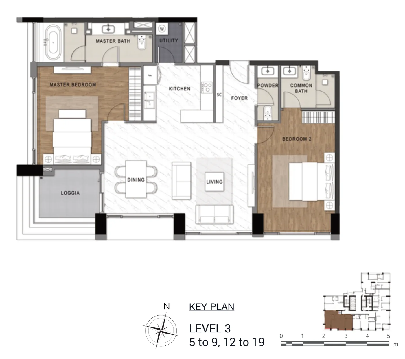 Layout căn hộ 2 phòng ngủ loại C4 The Berkley, diện tích sàn 143,58 m², có loggia