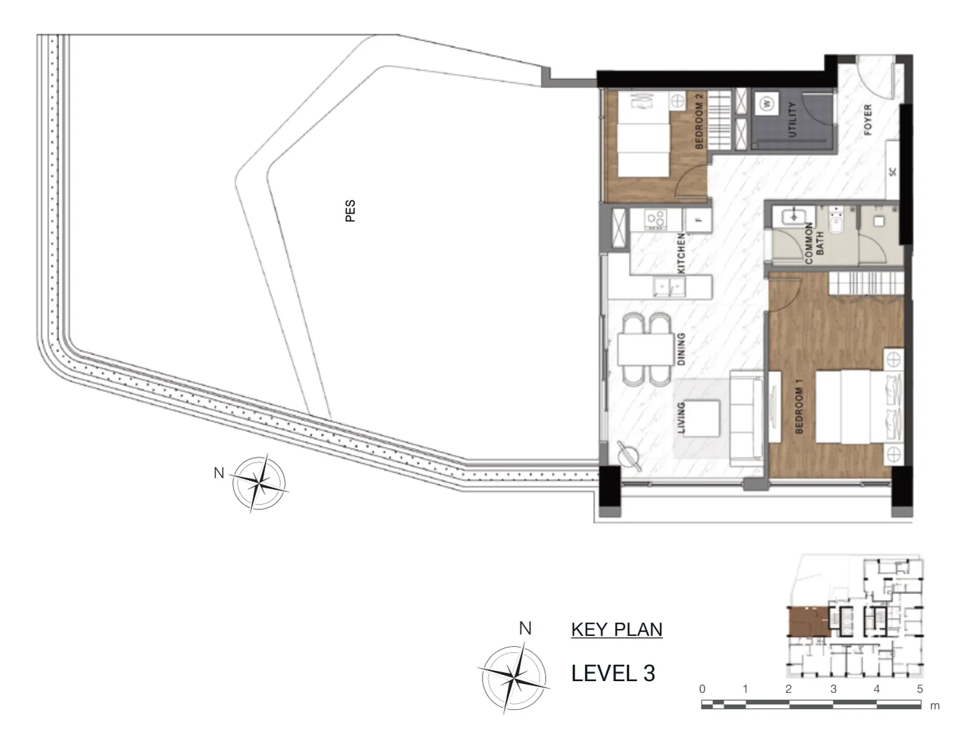 Layout căn hộ 2 phòng ngủ loại C6 The Berkley tầng 3, diện tích sàn 81,25 m², sân riêng 139,79 m²