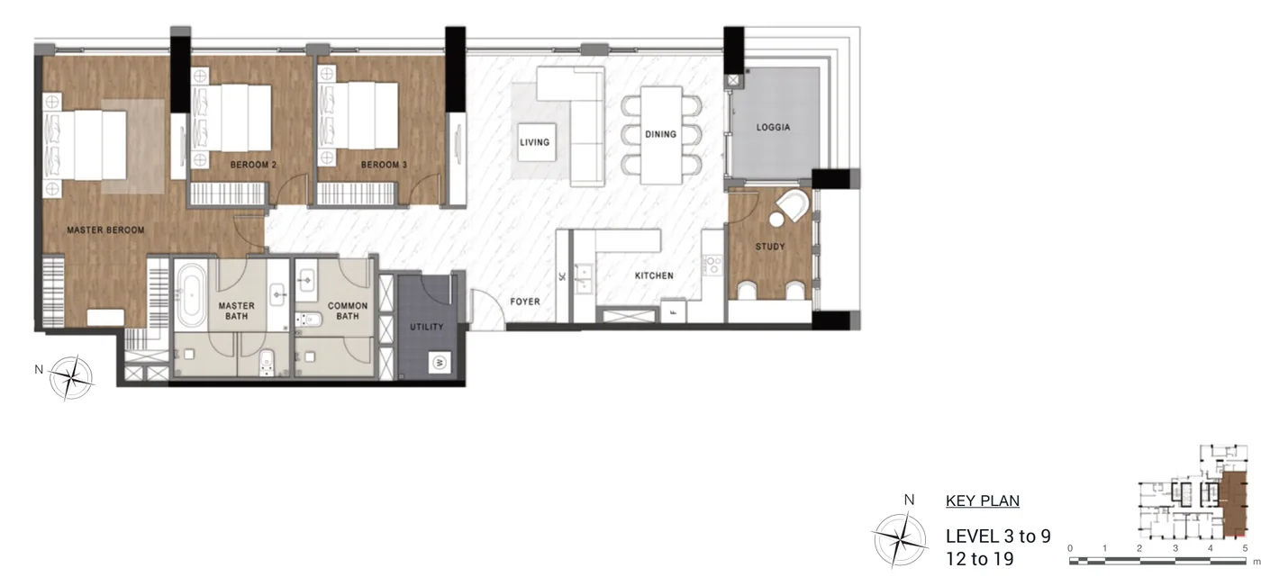 Layout căn hộ 3 phòng ngủ + phòng làm việc loại C2 The Berkley, diện tích sàn 176,78 m²