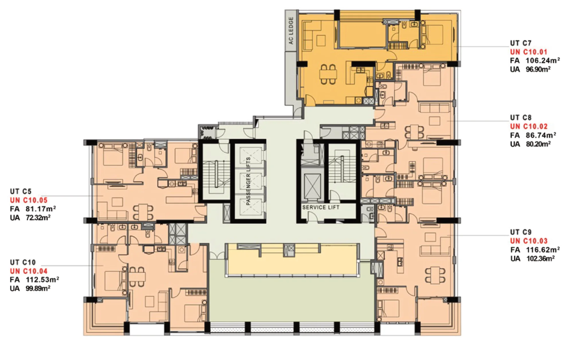 Mặt bằng tầng 10 The Berkley: căn 1 phòng ngủ C7 và các căn C5, C8, C9, C10