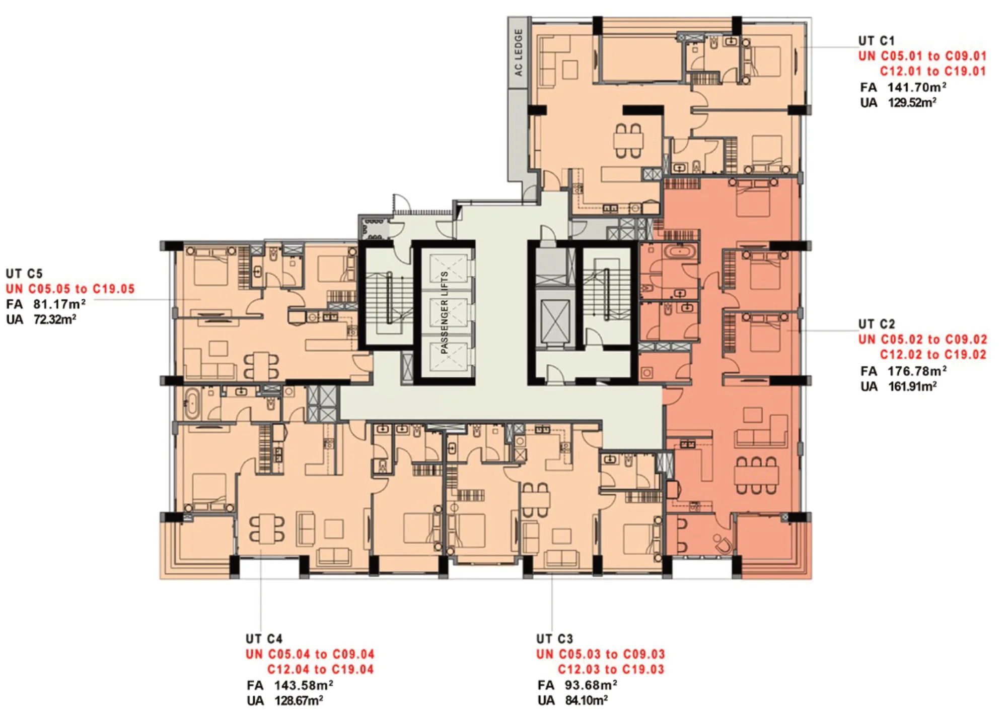 Mặt bằng tầng điển hình The Berkley tầng 5–9, 12–19: 5 căn C1, C2, C3, C4, C5 quanh lõi thang