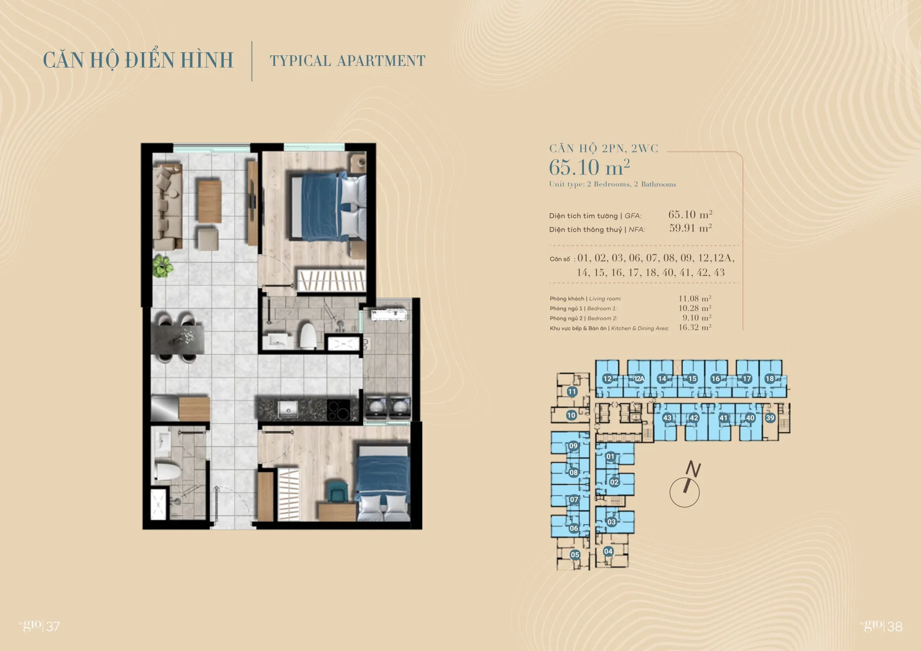 Mặt bằng căn hộ 2 phòng ngủ 2 WC 65,10 m² (thông thủy 59,91 m²) The Gió Riverside