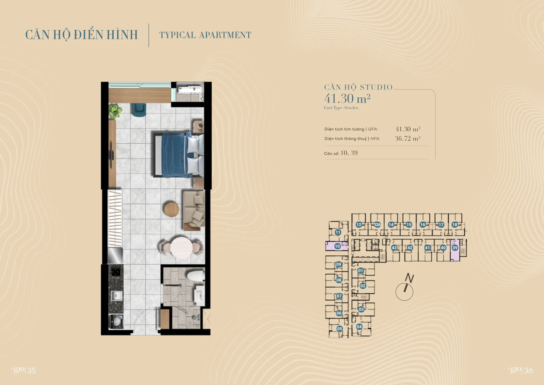Mặt bằng căn hộ studio 41,30 m² (thông thủy 36,72 m²) The Gió Riverside