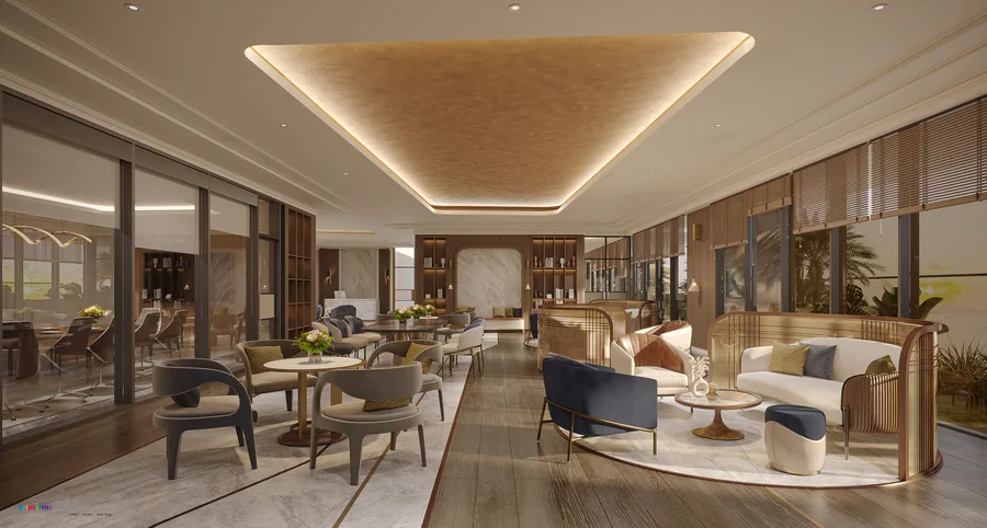 Business lounge The Legend Đà Nẵng: sofa da, bàn làm việc và trần đèn hắt ấm