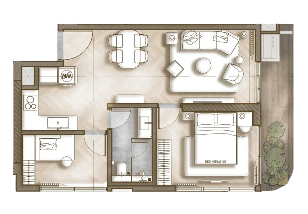 Layout nội thất căn 1PN+1 The Legend Đà Nẵng: phòng ngủ chính, phòng đa năng, 1 WC và ban công