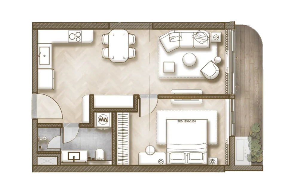 Layout nội thất căn 1PN The Legend Đà Nẵng: phòng khách, bếp, 1 phòng ngủ, 1 WC và ban công