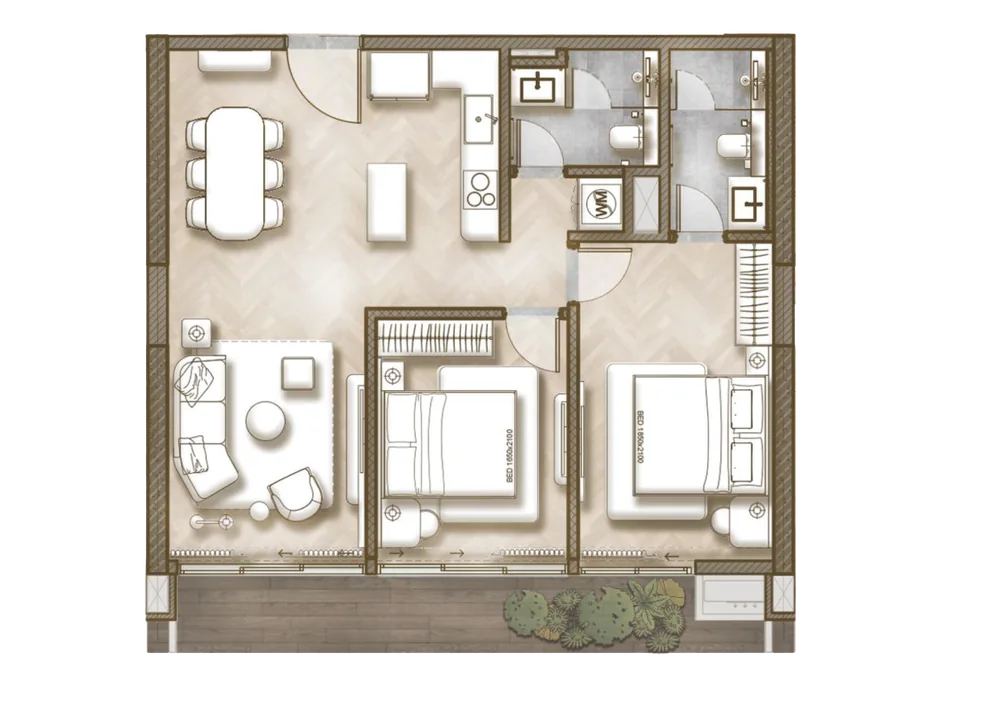 Layout nội thất căn 2PN The Legend Đà Nẵng: 2 phòng ngủ, 2 WC, phòng khách liền bếp và ban công