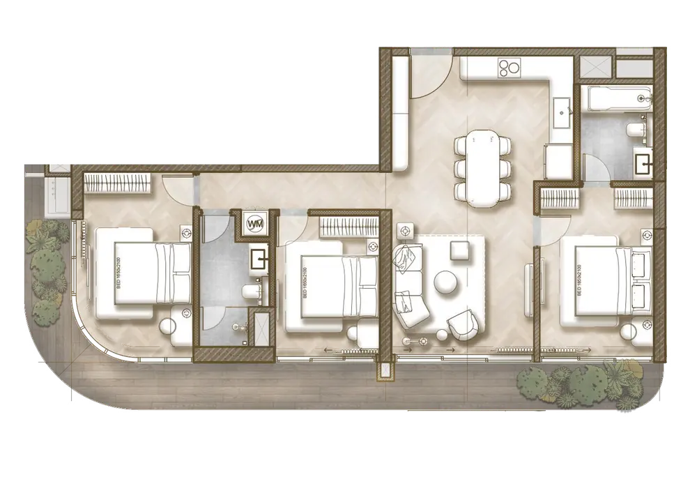 Layout nội thất căn góc 3PN The Legend Đà Nẵng: 3 phòng ngủ, 2 WC và ban công bo cong