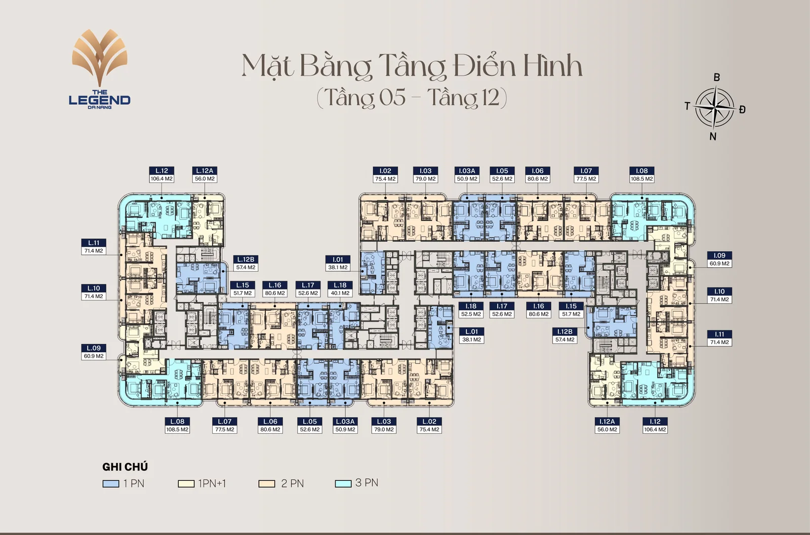 Mặt bằng tầng 5 – 12 tháp căn hộ The Legend Đà Nẵng: 36 căn mỗi tầng, hai cánh I và L