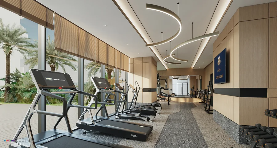 Phòng gym The Legend Đà Nẵng với máy chạy bộ, vách kính và đèn trần dạng vòng