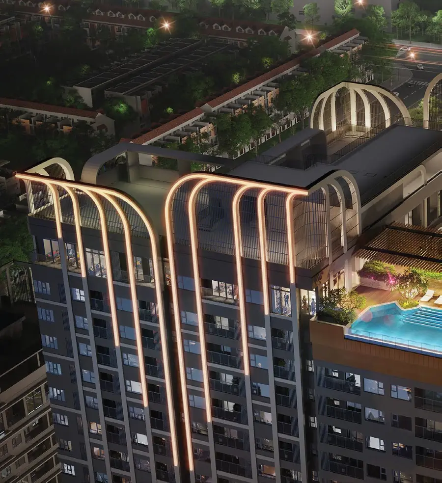 Mặt đứng vòm cong phát sáng trên đỉnh tòa EAST và hồ bơi tầng 25 của The NEST (ảnh minh họa)