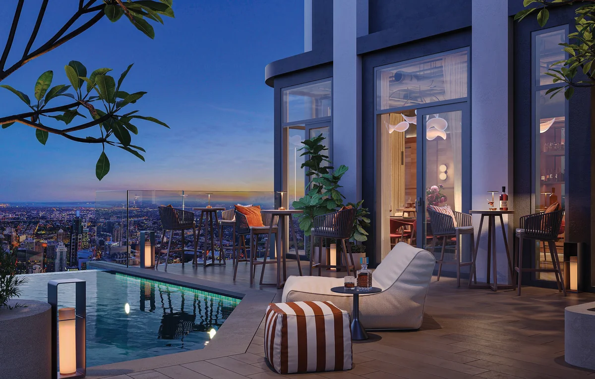 Sky Lounge tầng 25 tòa EAST The NEST cạnh hồ bơi vô cực lúc hoàng hôn (ảnh minh họa)
