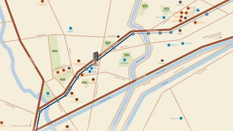 Bản đồ vị trí The Westique Residences trên Kinh Dương Vương: Metro số 3A, đại lộ Võ Văn Kiệt, Quốc lộ 1A, Bến xe Miền Tây