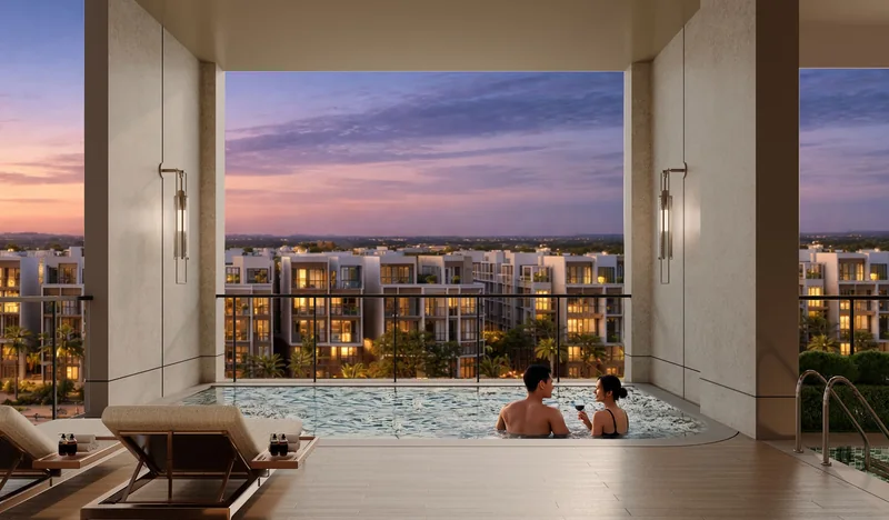 Bể Jacuzzi tầng 4 The Westique Residences mở ra tầm nhìn thành phố khu Tây lúc hoàng hôn
