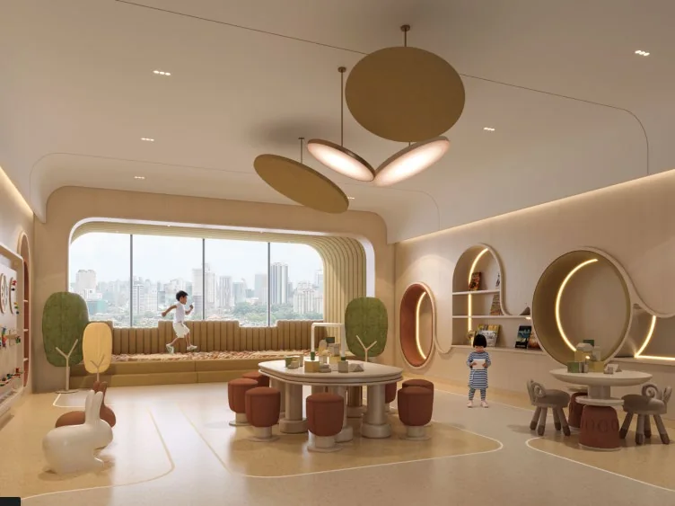 Kids' club The Westique Residences: phòng chơi sáng tạo với vòm gỗ uốn cong, đèn treo và cửa kính nhìn ra thành phố