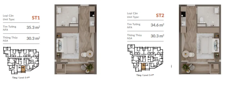 Layout căn Studio The Westique Residences: căn ST1 và ST2 diện tích tim tường 34,6–35,3 m², thông thủy 30,3 m²
