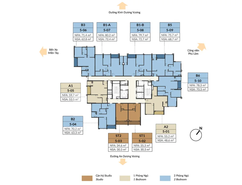 Mặt bằng căn hộ tầng 5–6 The Westique Residences: 10 căn gồm Studio, 1 phòng ngủ và 2 phòng ngủ quanh lõi thang