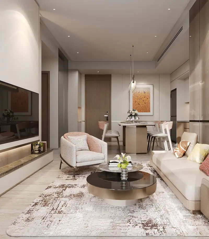 Phòng khách căn hộ mẫu The Westique Residences: sofa kem, bàn tròn đá và cửa kính lớn đón sáng tự nhiên