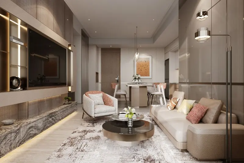 Phòng ngủ master căn 2 phòng ngủ The Westique Residences với đầu giường ốp vải, đèn hắt trần và rèm che sáng