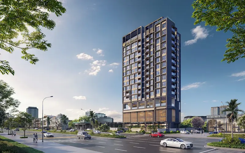 Phối cảnh ban ngày The Westique Residences: tháp 15 tầng mặt kính, khối đế shophouse và hàng cây dọc Kinh Dương Vương