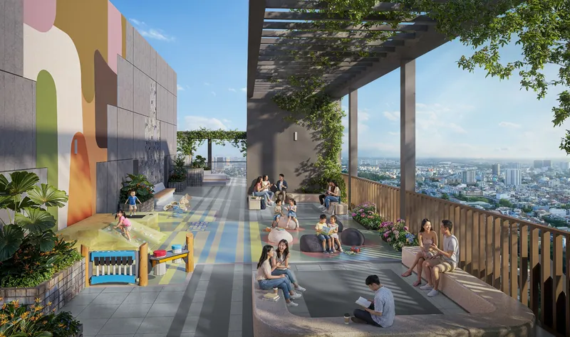 Sky Park tầng thượng The Westique Residences: sân chơi trẻ em ngoài trờI, khu thư giãn và giàn cây xanh nhìn ra thành phố