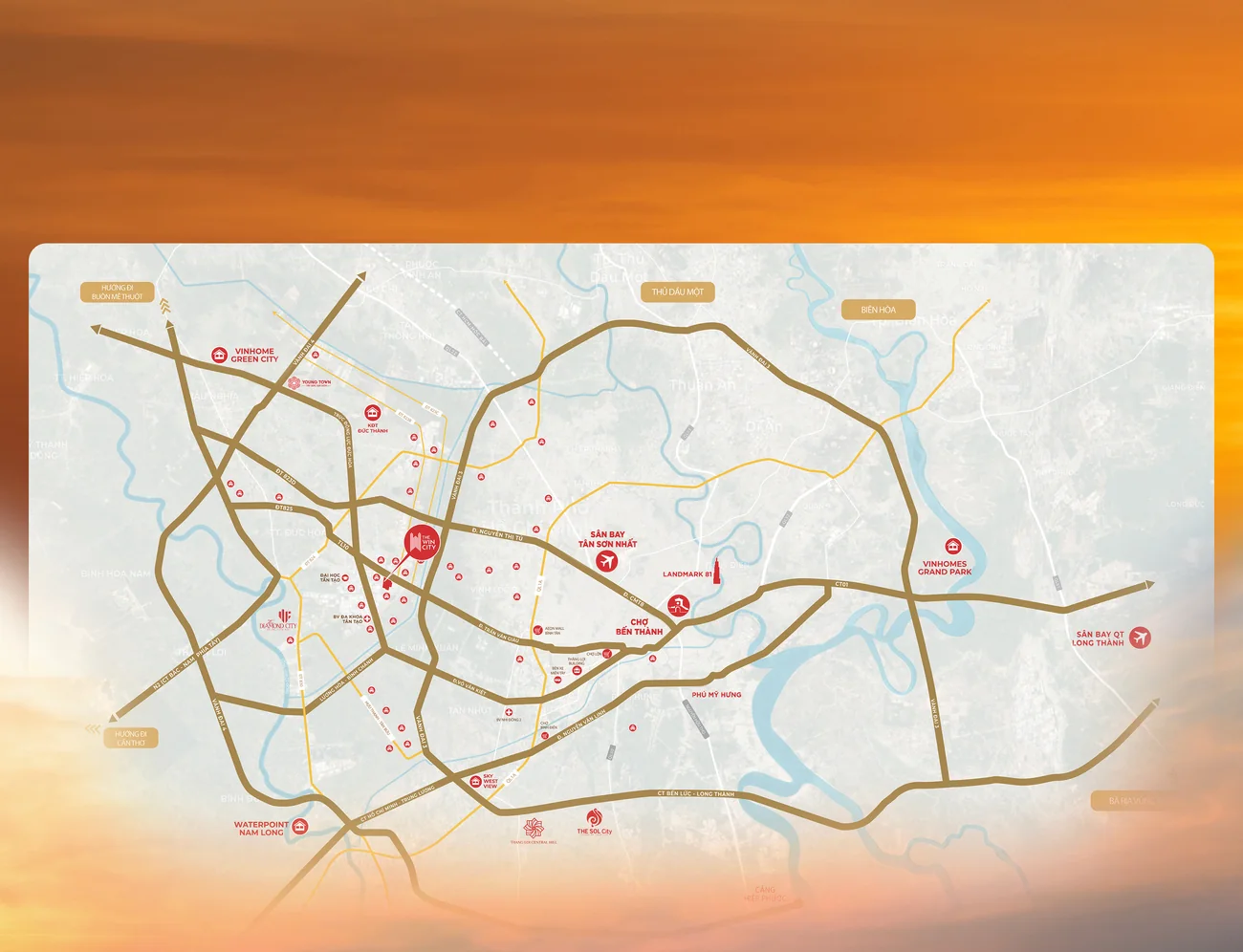 Bản đồ vị trí The Win City: 5 phút tới nút giao Vành đai 3, 25 phút tới chợ Bến Thành, 30 phút tới Tân Sơn Nhất