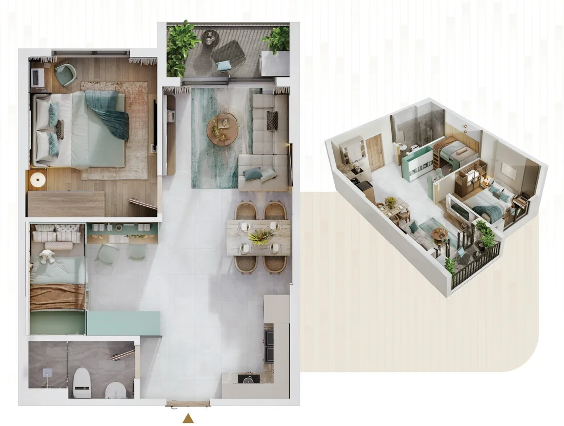 Mặt bằng 2D và 3D căn hộ A1 The Win City: 1 phòng ngủ+, 1 WC, 47,1 m² thông thủy