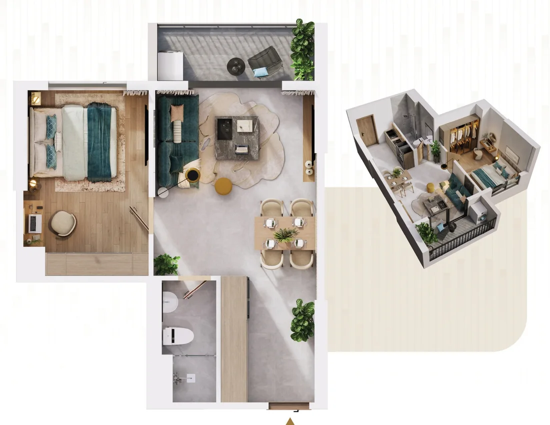 Mặt bằng 2D và 3D căn hộ A3 The Win City: 1 phòng ngủ, 1 WC, 42 m² thông thủy