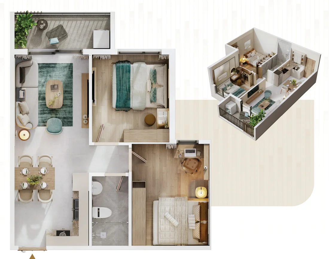 Mặt bằng 2D và 3D căn hộ B1 The Win City: 2 phòng ngủ, 1 WC, 46 m² thông thủy