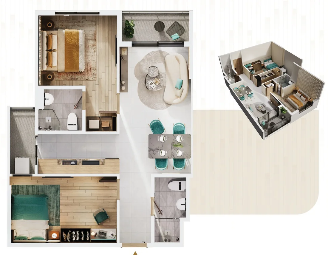 Mặt bằng 2D và 3D căn hộ C1 The Win City: 2 phòng ngủ, 2 WC, 59,8 m² thông thủy