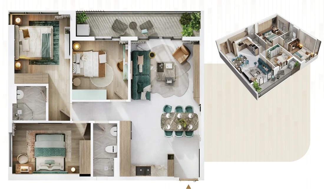 Mặt bằng 2D và 3D căn hộ D1 The Win City: 3 phòng ngủ, 2 WC, 80,4 m² thông thủy