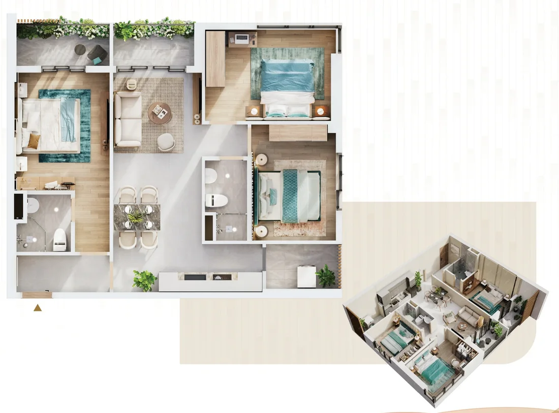 Mặt bằng 2D và 3D căn hộ D2 The Win City: 3 phòng ngủ, 2 WC, 77,4 m² thông thủy