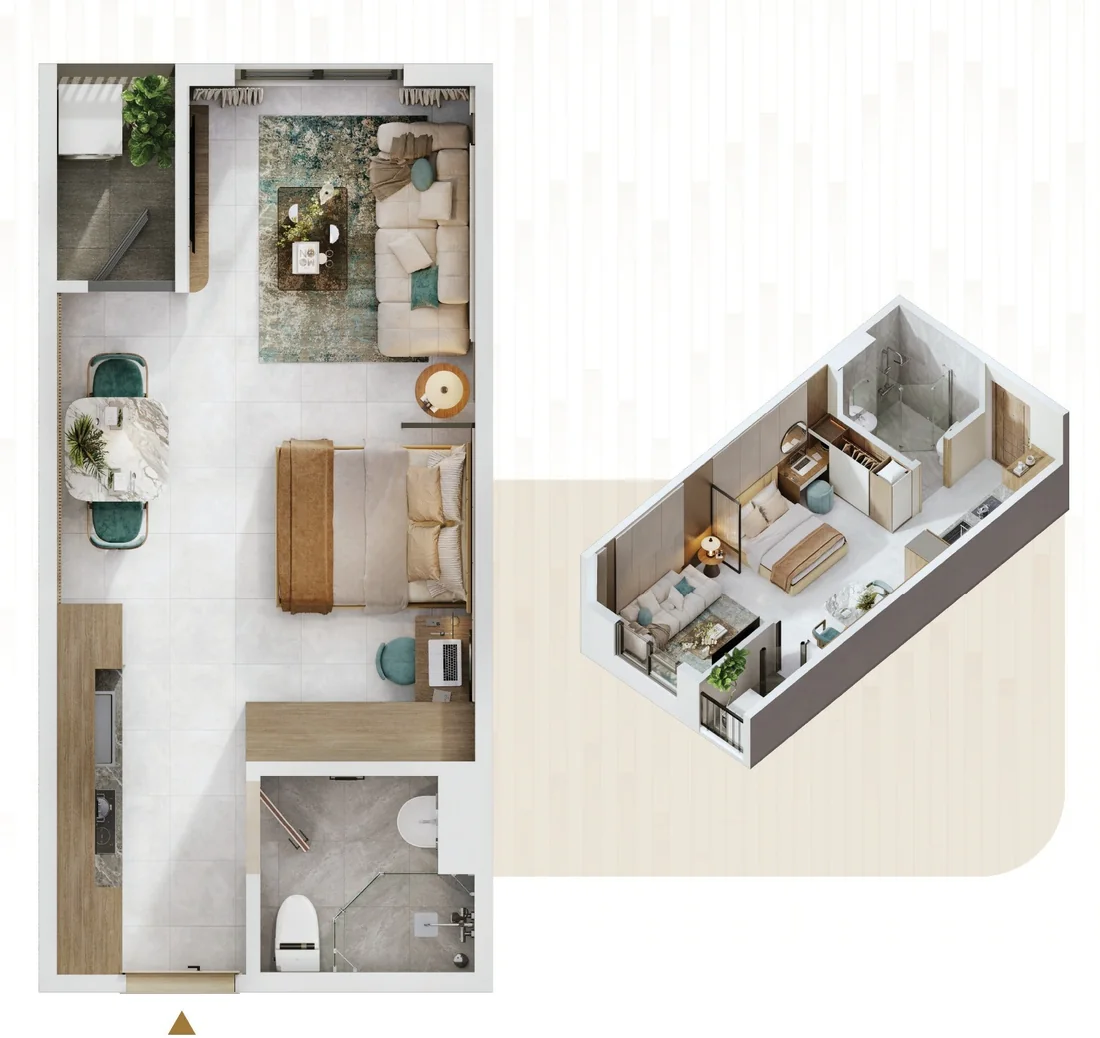Mặt bằng 2D và 3D căn hộ S1 The Win City: 1 phòng ngủ, 1 WC, 34,5 m² thông thủy