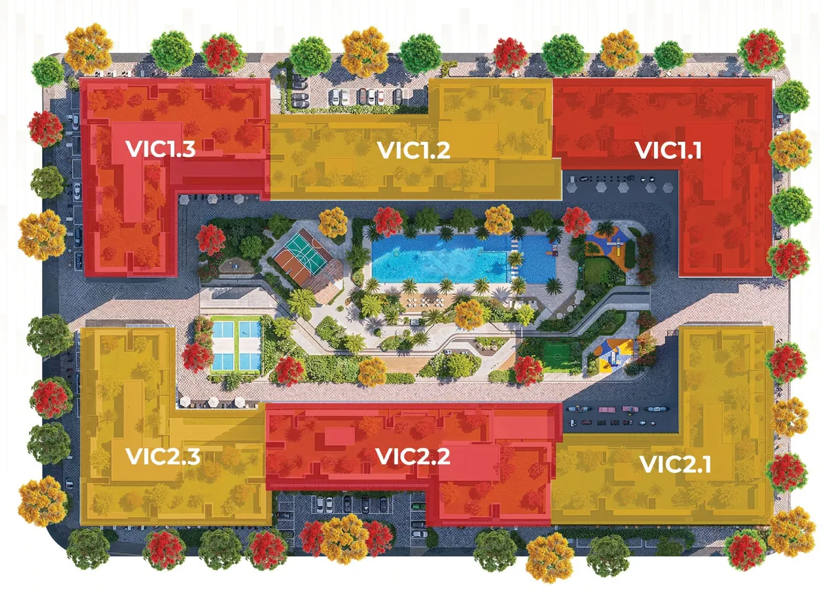 Mặt bằng phân khu Victory Heights The Win City: 6 tòa VIC1.1–VIC2.3 quanh công viên Victory Central