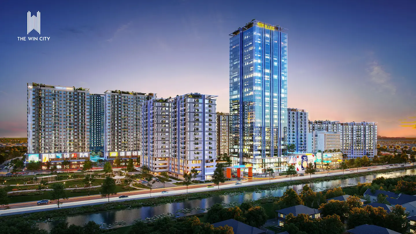 Tổ hợp cao ốc thương mại Win Mark và các tòa căn hộ The Win City lúc chạng vạng (ảnh minh họa)