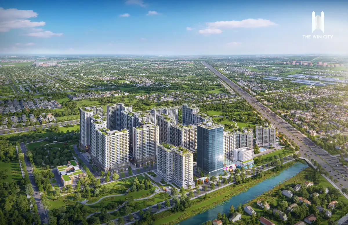 Phối cảnh toàn khu The Win City nhìn từ trên cao: 18 tòa tháp giữa mảng xanh và kênh nước (ảnh minh họa)